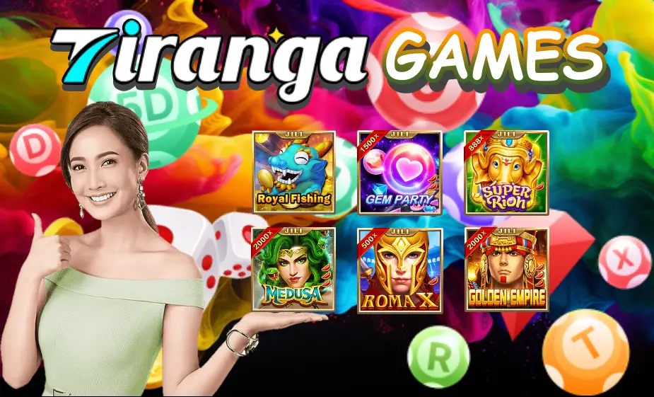 Woman smiling next to Tiranga Games logo and icons for games like Royal Fishing, Gem Party, Super Rich, Medusa, Roma X, and Golden Empire. Colorful background with game symbols.
