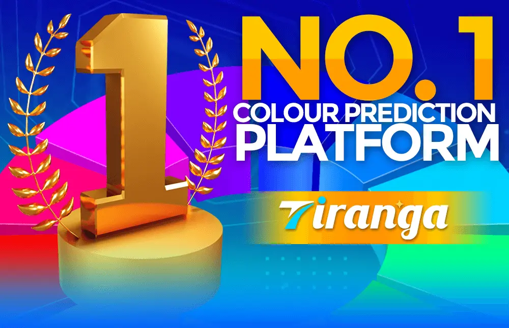 Tiranga logo with golden number 1 and laurel wreath. Text reads 'No.1 Colour Prediction games Platform' on a colorful background