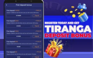 Mobile screen shows deposit bonus offers. Right side has text "TIRANGA DEPOSIT BONUS" with gift boxes.