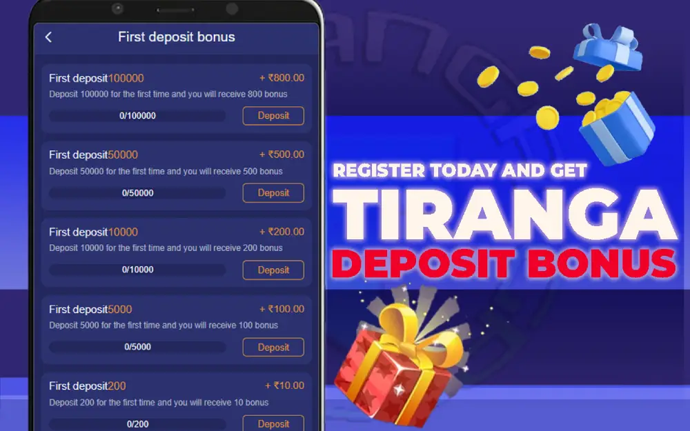 Mobile screen shows deposit bonus offers. Right side has text "TIRANGA DEPOSIT BONUS" with gift boxes.